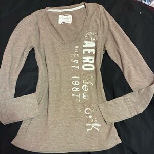 Aeropostale Brown V-Neck Long Sleeve Tee